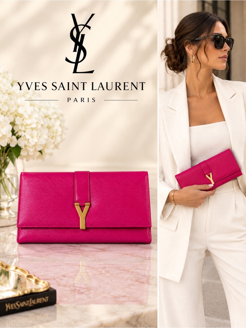 Yves Saint Laurent Fuchsia Pink Leather Y-Ligne Flap Continental Long Wallet
